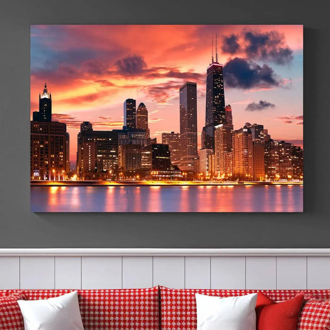 The living room features the "Chicago Night Skyline Wall Art City Cityscape Canvas," a stunning triptych depicting a cityscape at sunset. This artwork, printed on museum-quality canvases with UV-protective coating, is ready to hang and adds an elegant touch to the space.