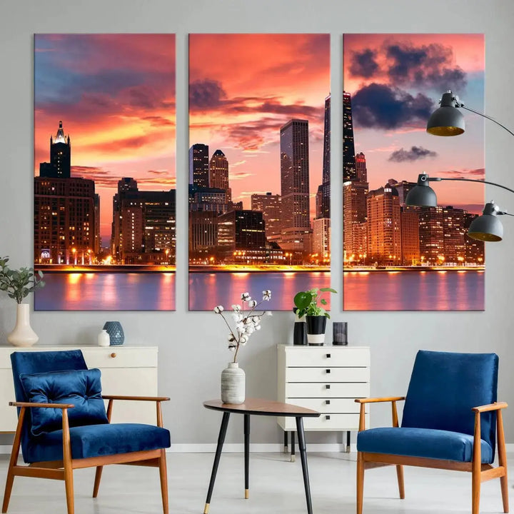 The living room features the "Chicago Night Skyline Wall Art City Cityscape Canvas," a stunning triptych depicting a cityscape at sunset. This artwork, printed on museum-quality canvases with UV-protective coating, is ready to hang and adds an elegant touch to the space.