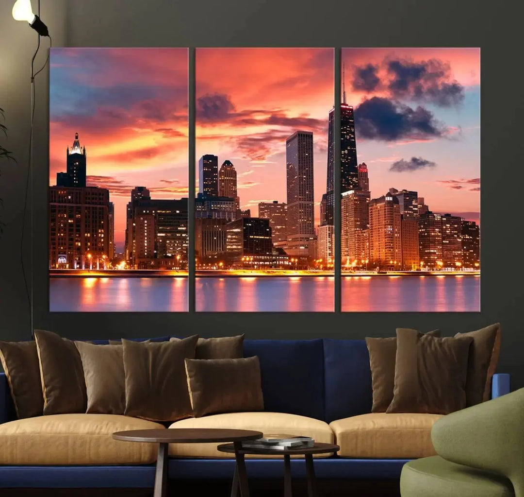 The living room features the "Chicago Night Skyline Wall Art City Cityscape Canvas," a stunning triptych depicting a cityscape at sunset. This artwork, printed on museum-quality canvases with UV-protective coating, is ready to hang and adds an elegant touch to the space.