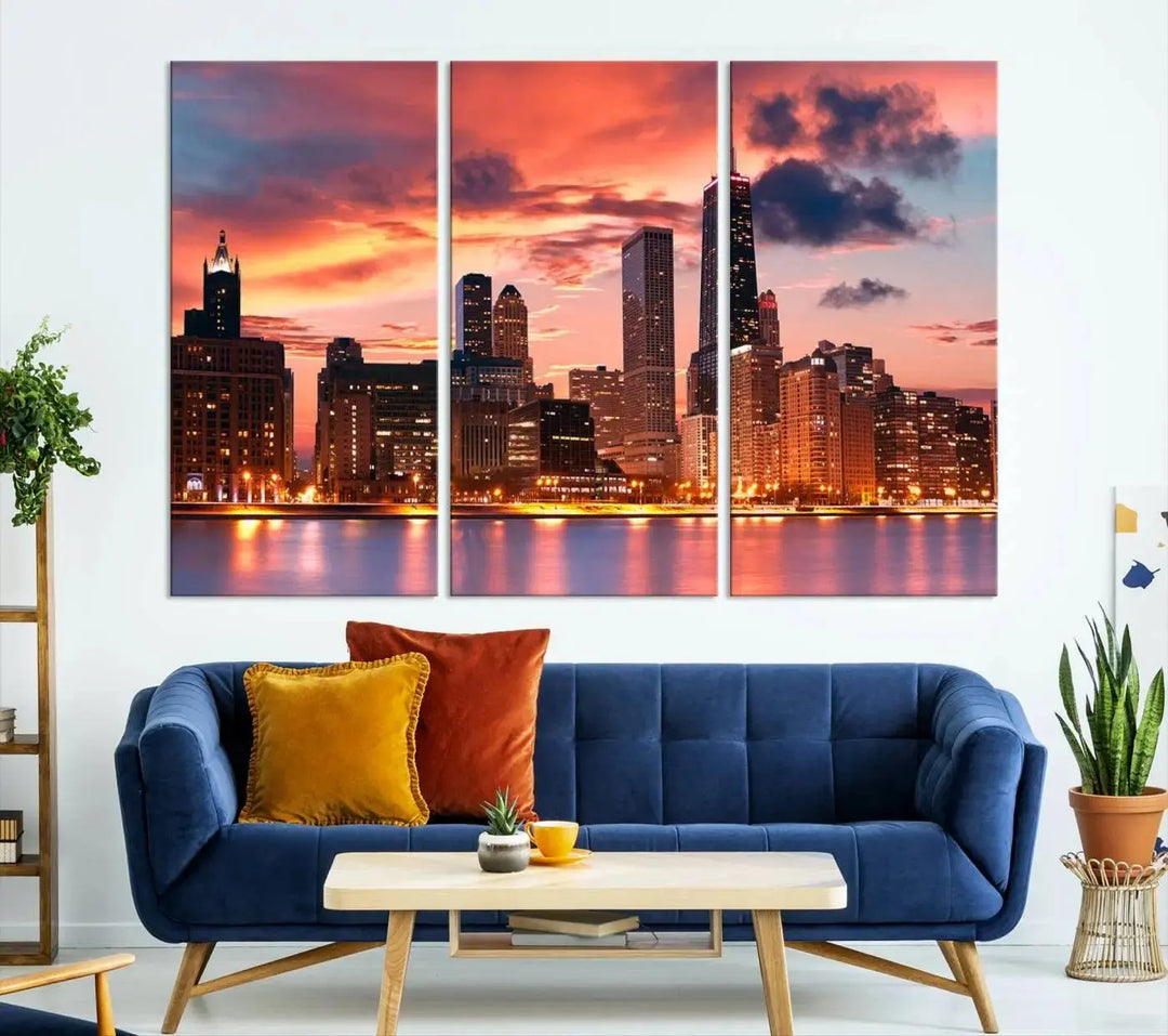 The living room features the "Chicago Night Skyline Wall Art City Cityscape Canvas," a stunning triptych depicting a cityscape at sunset. This artwork, printed on museum-quality canvases with UV-protective coating, is ready to hang and adds an elegant touch to the space.