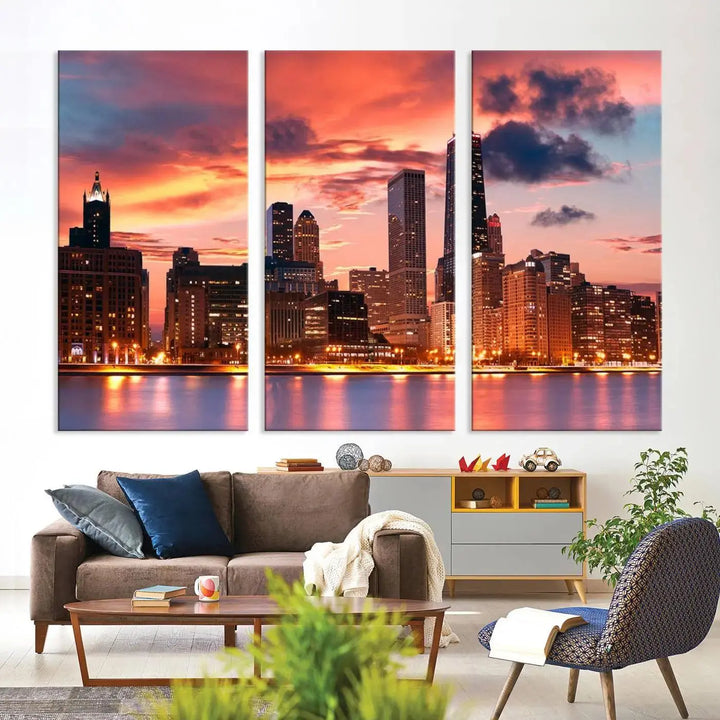 The living room features the "Chicago Night Skyline Wall Art City Cityscape Canvas," a stunning triptych depicting a cityscape at sunset. This artwork, printed on museum-quality canvases with UV-protective coating, is ready to hang and adds an elegant touch to the space.