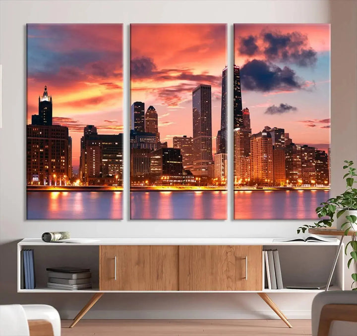 The living room features the "Chicago Night Skyline Wall Art City Cityscape Canvas," a stunning triptych depicting a cityscape at sunset. This artwork, printed on museum-quality canvases with UV-protective coating, is ready to hang and adds an elegant touch to the space.