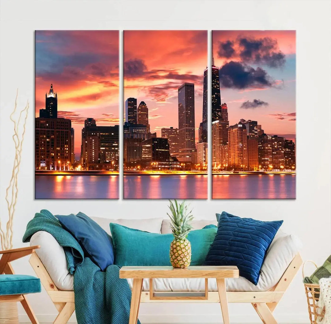 The living room features the "Chicago Night Skyline Wall Art City Cityscape Canvas," a stunning triptych depicting a cityscape at sunset. This artwork, printed on museum-quality canvases with UV-protective coating, is ready to hang and adds an elegant touch to the space.