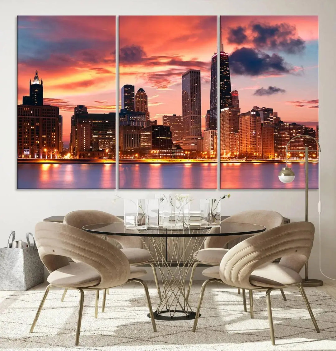 The living room features the "Chicago Night Skyline Wall Art City Cityscape Canvas," a stunning triptych depicting a cityscape at sunset. This artwork, printed on museum-quality canvases with UV-protective coating, is ready to hang and adds an elegant touch to the space.