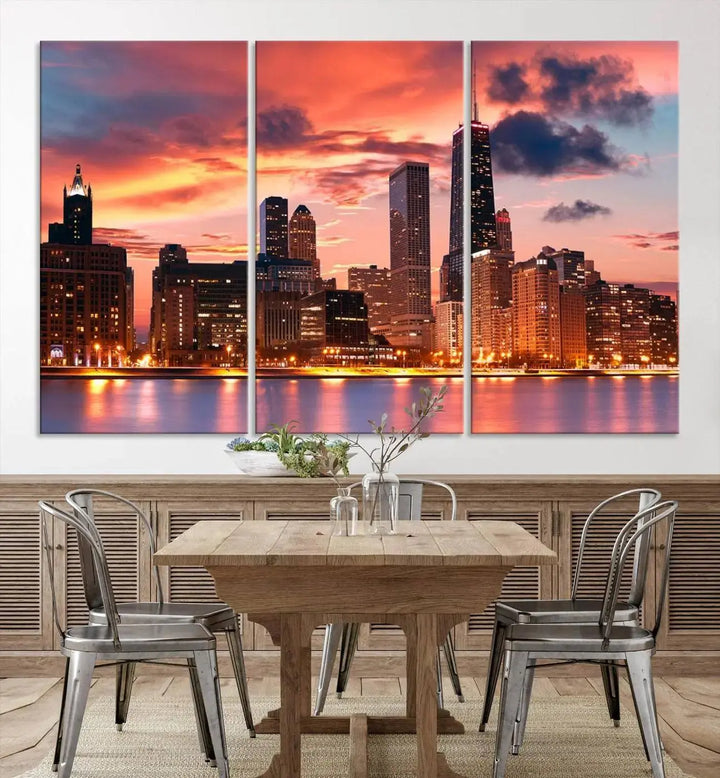 The living room features the "Chicago Night Skyline Wall Art City Cityscape Canvas," a stunning triptych depicting a cityscape at sunset. This artwork, printed on museum-quality canvases with UV-protective coating, is ready to hang and adds an elegant touch to the space.