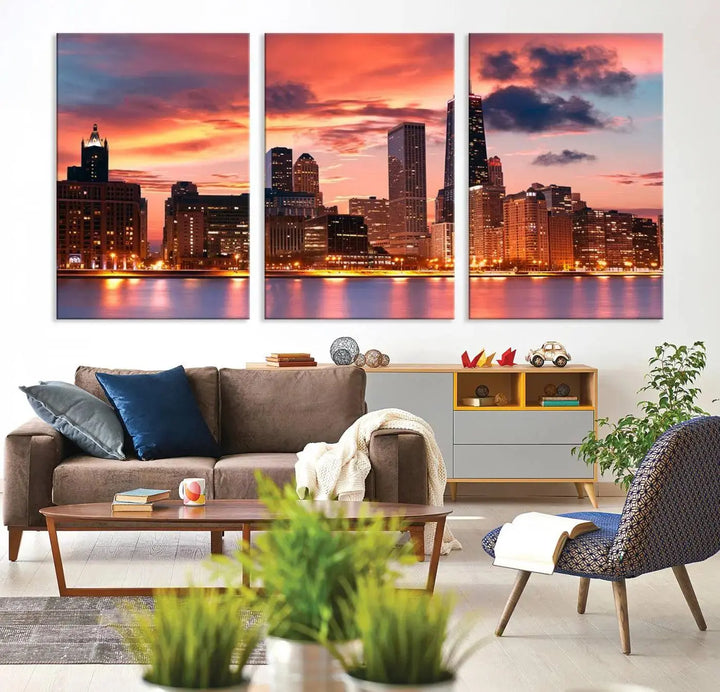 The living room features the "Chicago Night Skyline Wall Art City Cityscape Canvas," a stunning triptych depicting a cityscape at sunset. This artwork, printed on museum-quality canvases with UV-protective coating, is ready to hang and adds an elegant touch to the space.