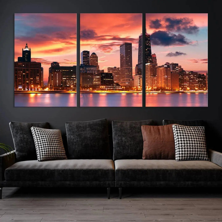 The living room features the "Chicago Night Skyline Wall Art City Cityscape Canvas," a stunning triptych depicting a cityscape at sunset. This artwork, printed on museum-quality canvases with UV-protective coating, is ready to hang and adds an elegant touch to the space.