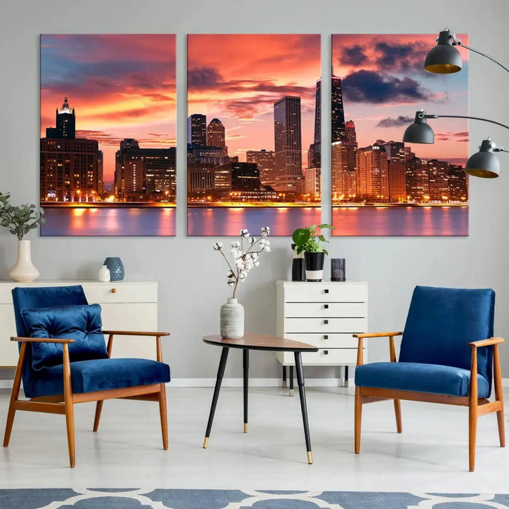 The living room features the "Chicago Night Skyline Wall Art City Cityscape Canvas," a stunning triptych depicting a cityscape at sunset. This artwork, printed on museum-quality canvases with UV-protective coating, is ready to hang and adds an elegant touch to the space.