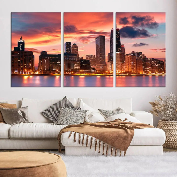 The living room features the "Chicago Night Skyline Wall Art City Cityscape Canvas," a stunning triptych depicting a cityscape at sunset. This artwork, printed on museum-quality canvases with UV-protective coating, is ready to hang and adds an elegant touch to the space.