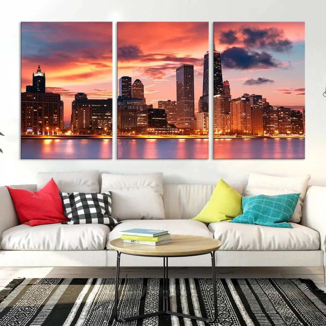 The living room features the "Chicago Night Skyline Wall Art City Cityscape Canvas," a stunning triptych depicting a cityscape at sunset. This artwork, printed on museum-quality canvases with UV-protective coating, is ready to hang and adds an elegant touch to the space.