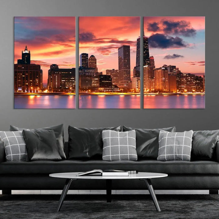 The living room features the "Chicago Night Skyline Wall Art City Cityscape Canvas," a stunning triptych depicting a cityscape at sunset. This artwork, printed on museum-quality canvases with UV-protective coating, is ready to hang and adds an elegant touch to the space.