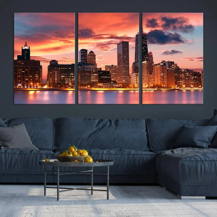 The living room features the "Chicago Night Skyline Wall Art City Cityscape Canvas," a stunning triptych depicting a cityscape at sunset. This artwork, printed on museum-quality canvases with UV-protective coating, is ready to hang and adds an elegant touch to the space.