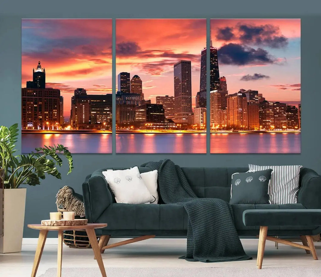 The living room features the "Chicago Night Skyline Wall Art City Cityscape Canvas," a stunning triptych depicting a cityscape at sunset. This artwork, printed on museum-quality canvases with UV-protective coating, is ready to hang and adds an elegant touch to the space.