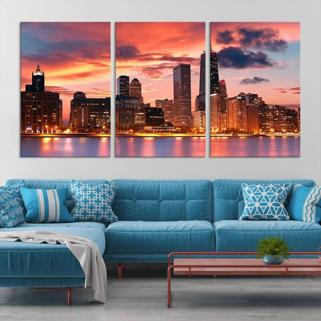 The living room features the "Chicago Night Skyline Wall Art City Cityscape Canvas," a stunning triptych depicting a cityscape at sunset. This artwork, printed on museum-quality canvases with UV-protective coating, is ready to hang and adds an elegant touch to the space.