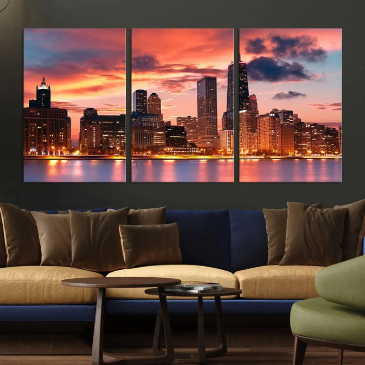 The living room features the "Chicago Night Skyline Wall Art City Cityscape Canvas," a stunning triptych depicting a cityscape at sunset. This artwork, printed on museum-quality canvases with UV-protective coating, is ready to hang and adds an elegant touch to the space.