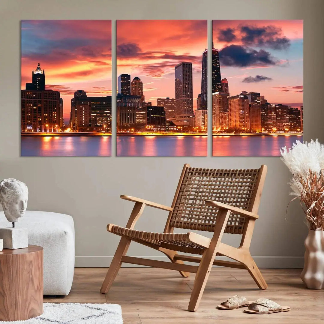 The living room features the "Chicago Night Skyline Wall Art City Cityscape Canvas," a stunning triptych depicting a cityscape at sunset. This artwork, printed on museum-quality canvases with UV-protective coating, is ready to hang and adds an elegant touch to the space.