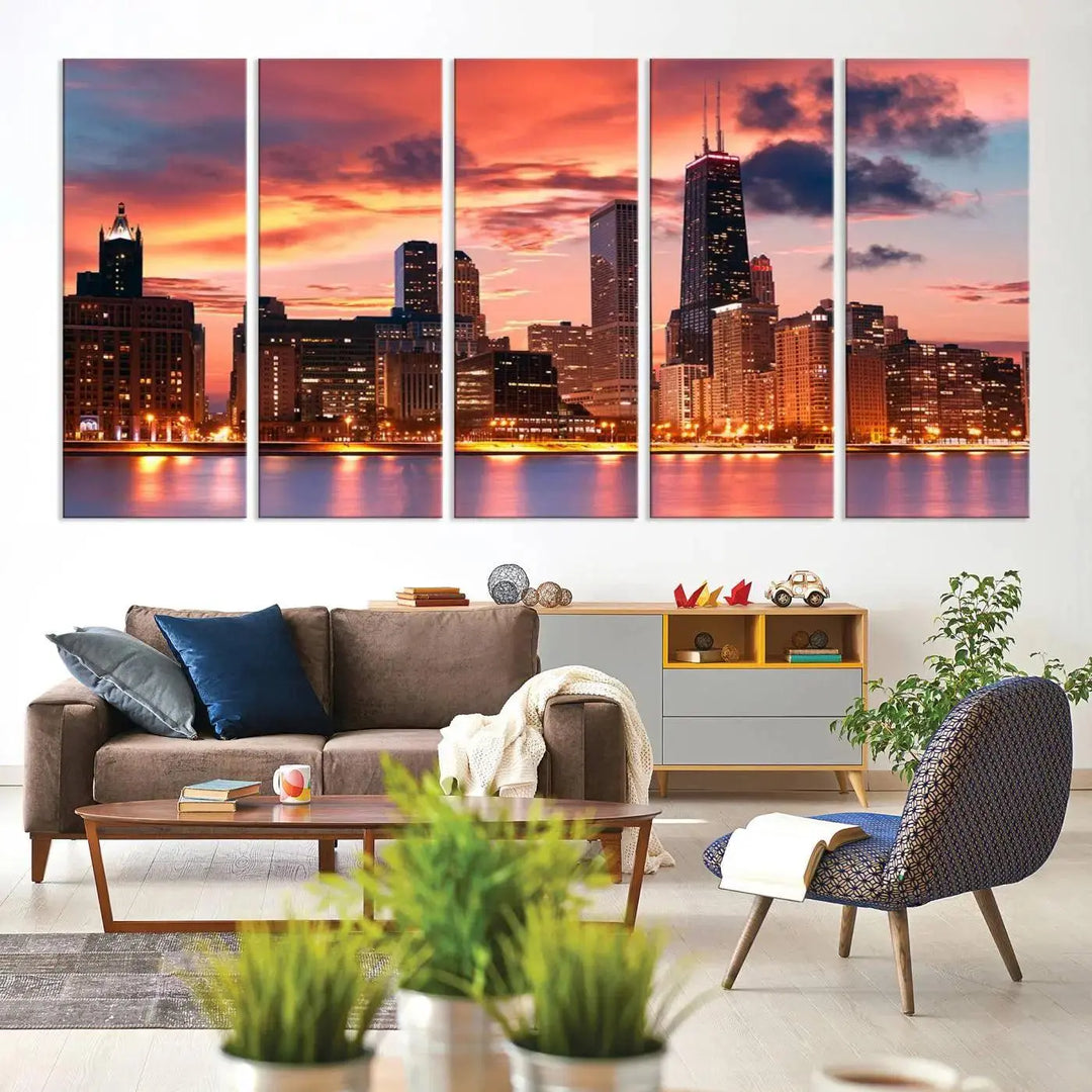 The living room features the "Chicago Night Skyline Wall Art City Cityscape Canvas," a stunning triptych depicting a cityscape at sunset. This artwork, printed on museum-quality canvases with UV-protective coating, is ready to hang and adds an elegant touch to the space.