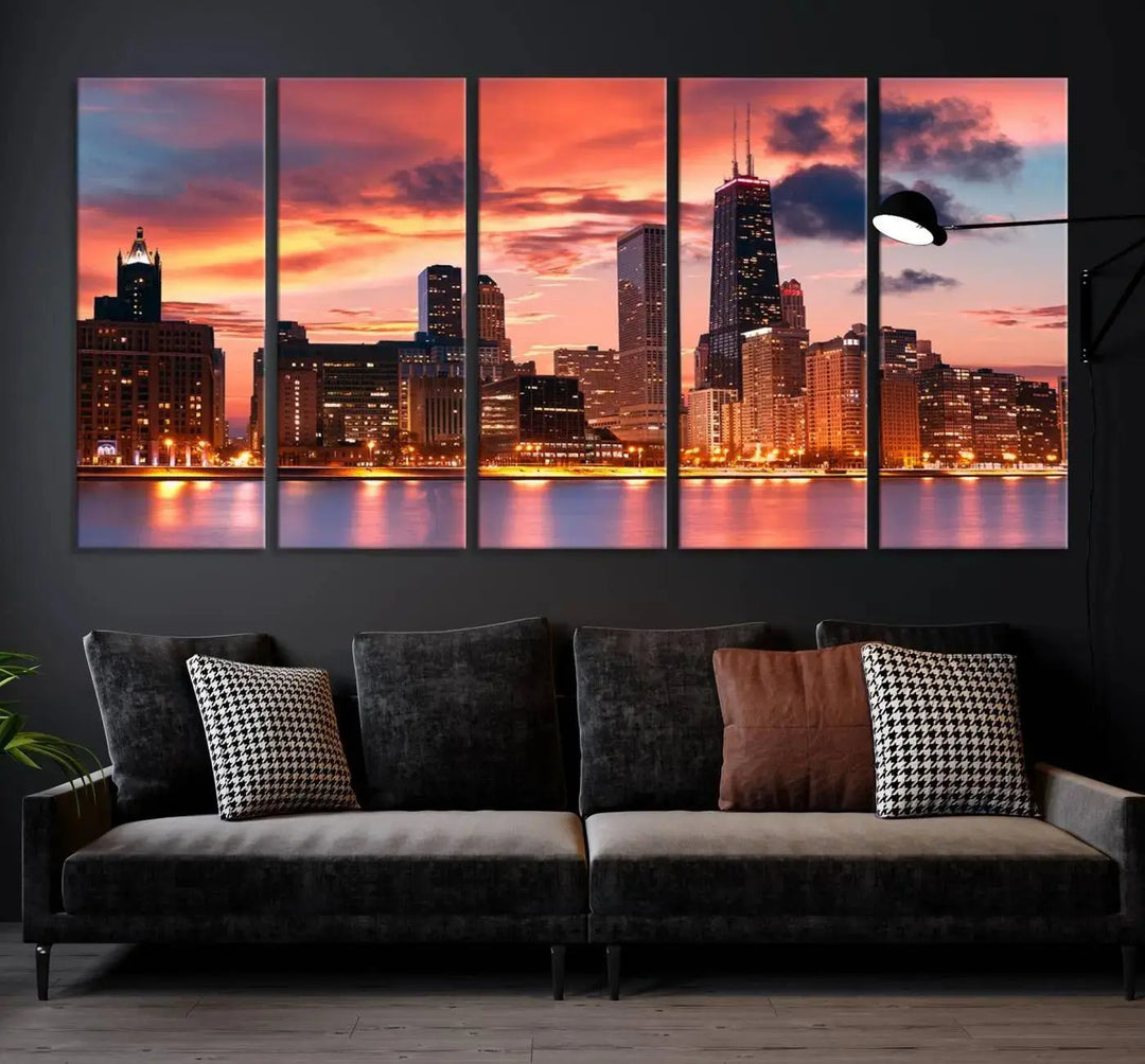 The living room features the "Chicago Night Skyline Wall Art City Cityscape Canvas," a stunning triptych depicting a cityscape at sunset. This artwork, printed on museum-quality canvases with UV-protective coating, is ready to hang and adds an elegant touch to the space.