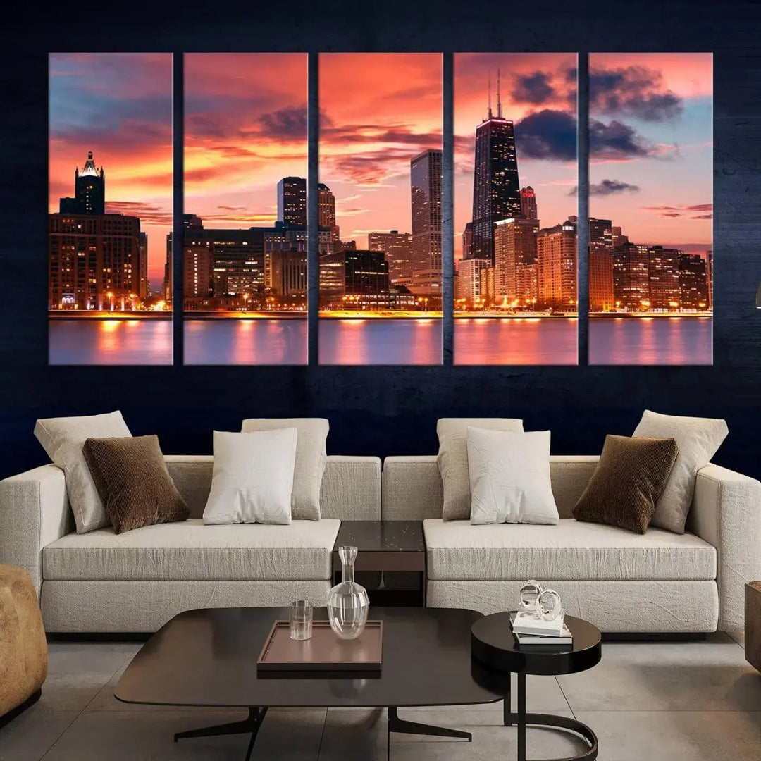 The living room features the "Chicago Night Skyline Wall Art City Cityscape Canvas," a stunning triptych depicting a cityscape at sunset. This artwork, printed on museum-quality canvases with UV-protective coating, is ready to hang and adds an elegant touch to the space.