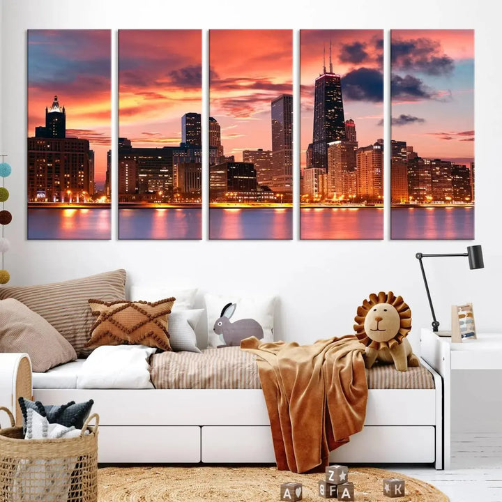 The living room features the "Chicago Night Skyline Wall Art City Cityscape Canvas," a stunning triptych depicting a cityscape at sunset. This artwork, printed on museum-quality canvases with UV-protective coating, is ready to hang and adds an elegant touch to the space.