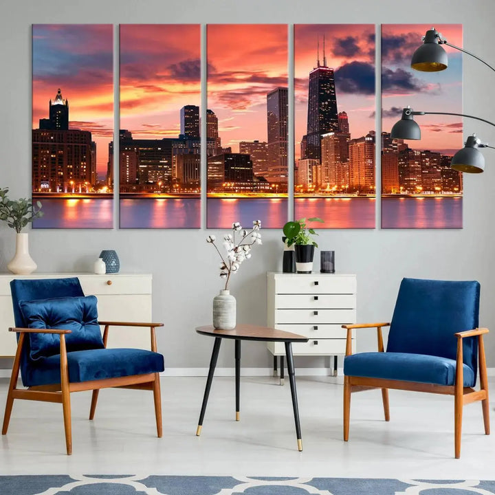 The living room features the "Chicago Night Skyline Wall Art City Cityscape Canvas," a stunning triptych depicting a cityscape at sunset. This artwork, printed on museum-quality canvases with UV-protective coating, is ready to hang and adds an elegant touch to the space.