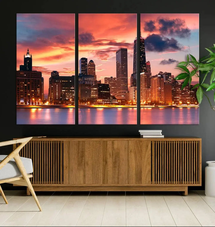 The living room features the "Chicago Night Skyline Wall Art City Cityscape Canvas," a stunning triptych depicting a cityscape at sunset. This artwork, printed on museum-quality canvases with UV-protective coating, is ready to hang and adds an elegant touch to the space.