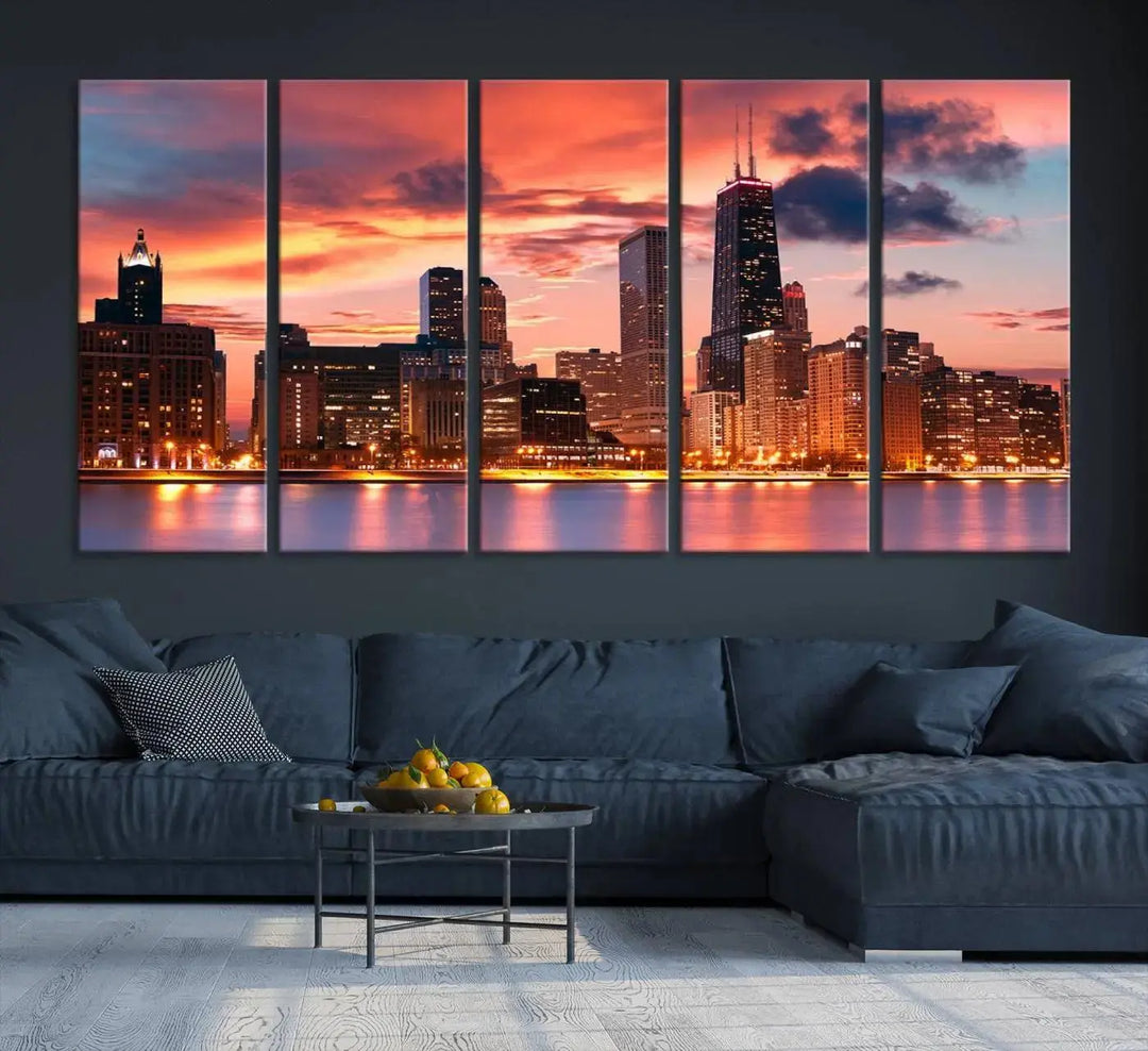 The living room features the "Chicago Night Skyline Wall Art City Cityscape Canvas," a stunning triptych depicting a cityscape at sunset. This artwork, printed on museum-quality canvases with UV-protective coating, is ready to hang and adds an elegant touch to the space.