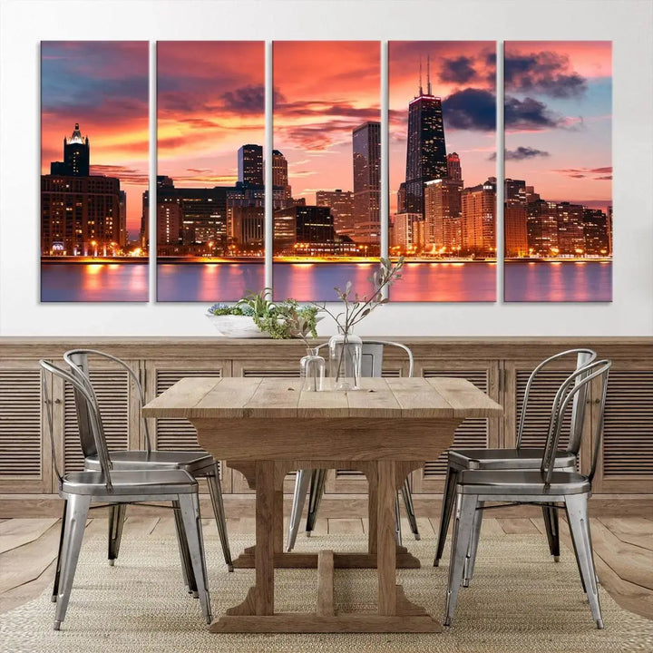 The living room features the "Chicago Night Skyline Wall Art City Cityscape Canvas," a stunning triptych depicting a cityscape at sunset. This artwork, printed on museum-quality canvases with UV-protective coating, is ready to hang and adds an elegant touch to the space.