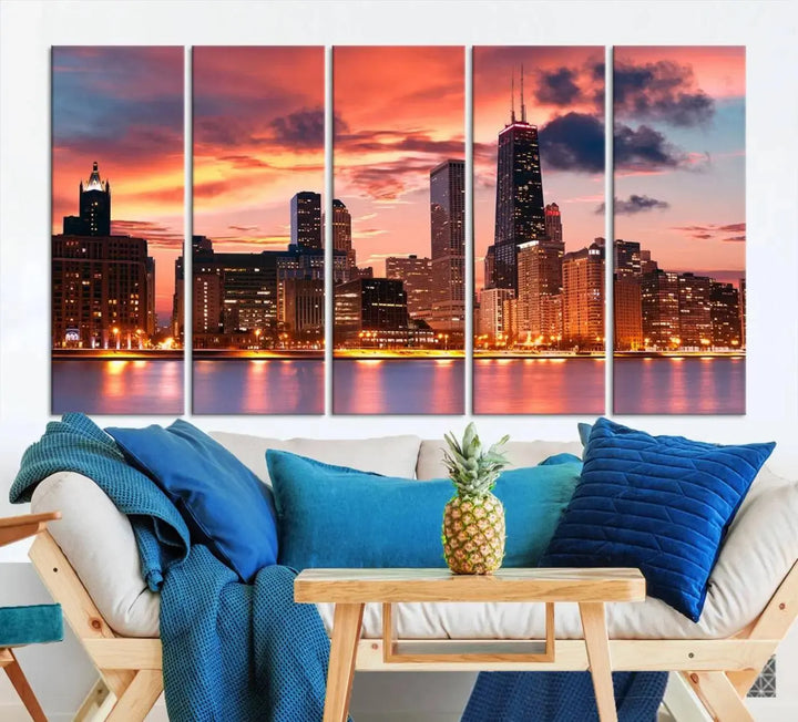 The living room features the "Chicago Night Skyline Wall Art City Cityscape Canvas," a stunning triptych depicting a cityscape at sunset. This artwork, printed on museum-quality canvases with UV-protective coating, is ready to hang and adds an elegant touch to the space.