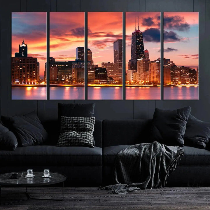 The living room features the "Chicago Night Skyline Wall Art City Cityscape Canvas," a stunning triptych depicting a cityscape at sunset. This artwork, printed on museum-quality canvases with UV-protective coating, is ready to hang and adds an elegant touch to the space.