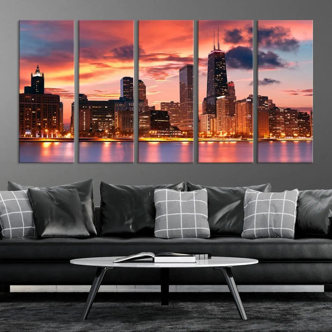 The living room features the "Chicago Night Skyline Wall Art City Cityscape Canvas," a stunning triptych depicting a cityscape at sunset. This artwork, printed on museum-quality canvases with UV-protective coating, is ready to hang and adds an elegant touch to the space.