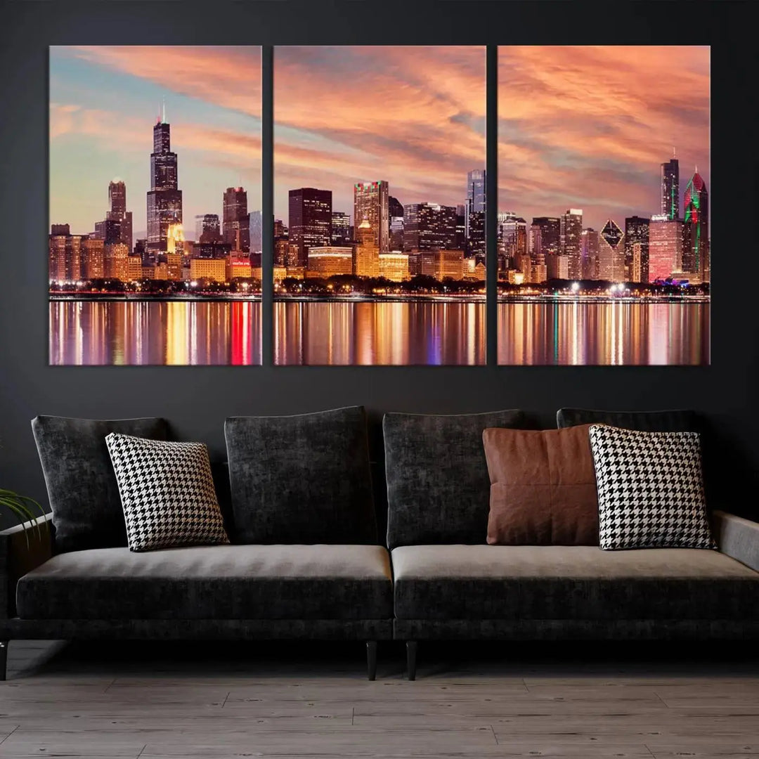 The Chicago Night Skyline Wall Art City Cityscape Canvas Picture Print features a vibrant city skyline at sunset and is gallery wrapped on museum-quality canvas, displayed on a dark wall.