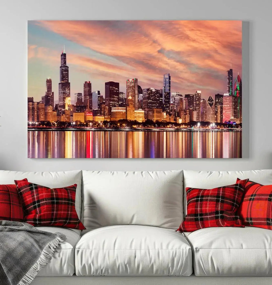 The Chicago Night Skyline Wall Art City Cityscape Canvas Picture Print features a vibrant city skyline at sunset and is gallery wrapped on museum-quality canvas, displayed on a dark wall.