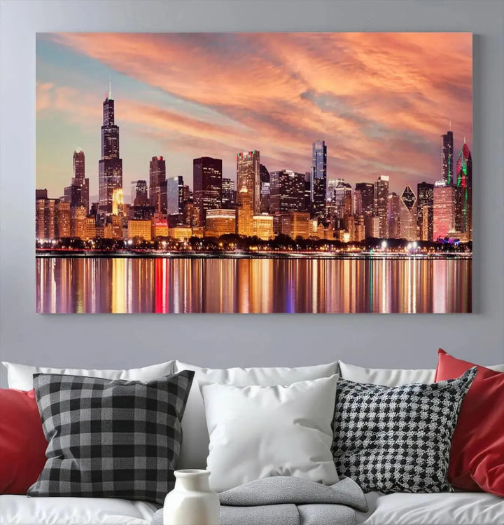 The Chicago Night Skyline Wall Art City Cityscape Canvas Picture Print features a vibrant city skyline at sunset and is gallery wrapped on museum-quality canvas, displayed on a dark wall.