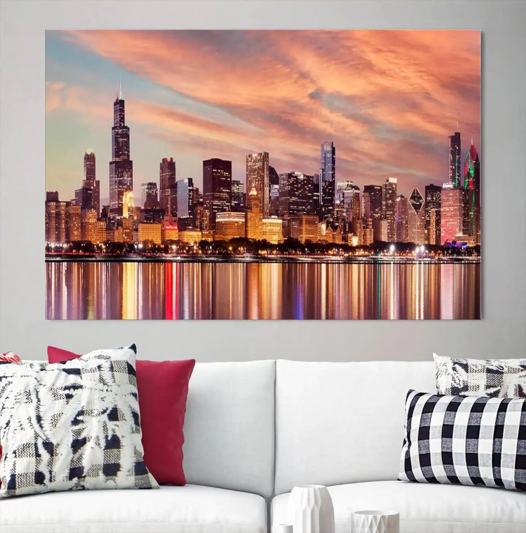 The Chicago Night Skyline Wall Art City Cityscape Canvas Picture Print features a vibrant city skyline at sunset and is gallery wrapped on museum-quality canvas, displayed on a dark wall.