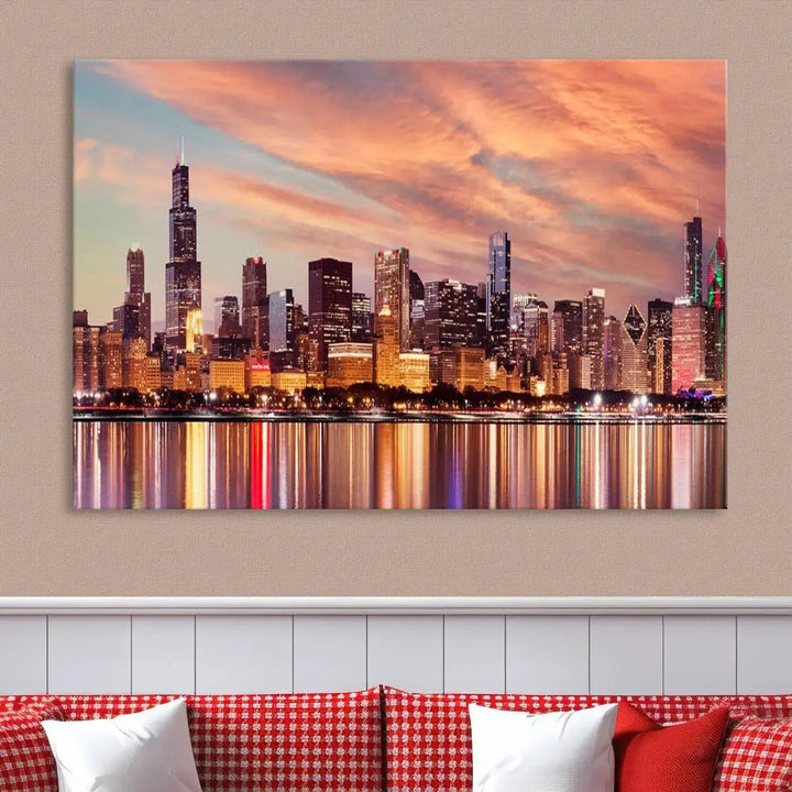 The Chicago Night Skyline Wall Art City Cityscape Canvas Picture Print features a vibrant city skyline at sunset and is gallery wrapped on museum-quality canvas, displayed on a dark wall.