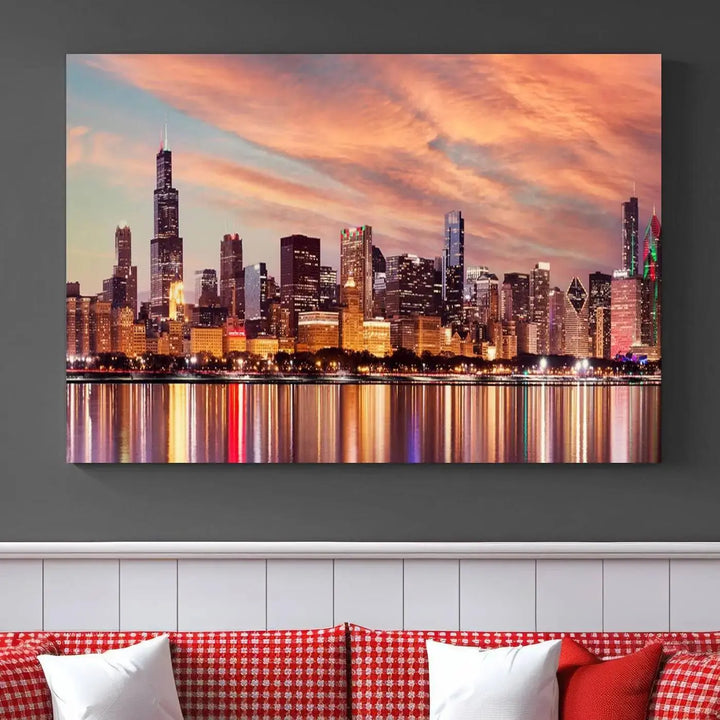 The Chicago Night Skyline Wall Art City Cityscape Canvas Picture Print features a vibrant city skyline at sunset and is gallery wrapped on museum-quality canvas, displayed on a dark wall.