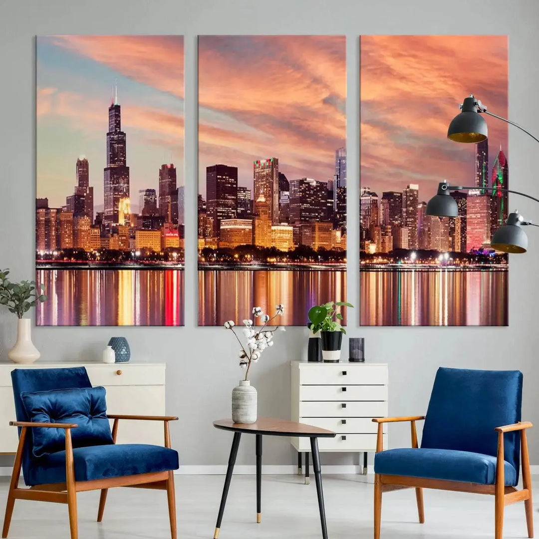 The Chicago Night Skyline Wall Art City Cityscape Canvas Picture Print features a vibrant city skyline at sunset and is gallery wrapped on museum-quality canvas, displayed on a dark wall.