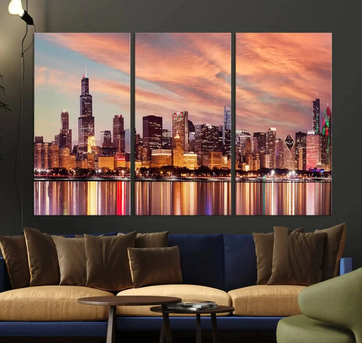 The Chicago Night Skyline Wall Art City Cityscape Canvas Picture Print features a vibrant city skyline at sunset and is gallery wrapped on museum-quality canvas, displayed on a dark wall.