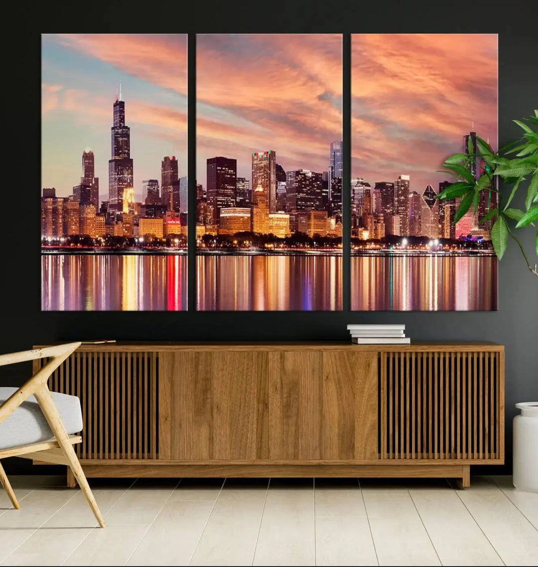 The Chicago Night Skyline Wall Art City Cityscape Canvas Picture Print features a vibrant city skyline at sunset and is gallery wrapped on museum-quality canvas, displayed on a dark wall.