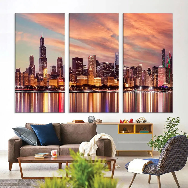 The Chicago Night Skyline Wall Art City Cityscape Canvas Picture Print features a vibrant city skyline at sunset and is gallery wrapped on museum-quality canvas, displayed on a dark wall.