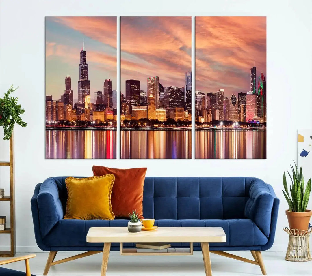 The Chicago Night Skyline Wall Art City Cityscape Canvas Picture Print features a vibrant city skyline at sunset and is gallery wrapped on museum-quality canvas, displayed on a dark wall.