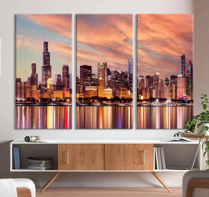 The Chicago Night Skyline Wall Art City Cityscape Canvas Picture Print features a vibrant city skyline at sunset and is gallery wrapped on museum-quality canvas, displayed on a dark wall.