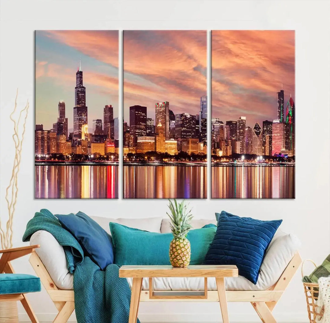 The Chicago Night Skyline Wall Art City Cityscape Canvas Picture Print features a vibrant city skyline at sunset and is gallery wrapped on museum-quality canvas, displayed on a dark wall.