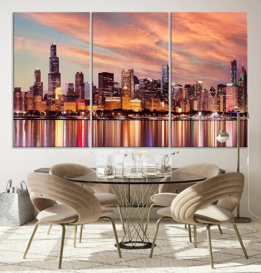 The Chicago Night Skyline Wall Art City Cityscape Canvas Picture Print features a vibrant city skyline at sunset and is gallery wrapped on museum-quality canvas, displayed on a dark wall.