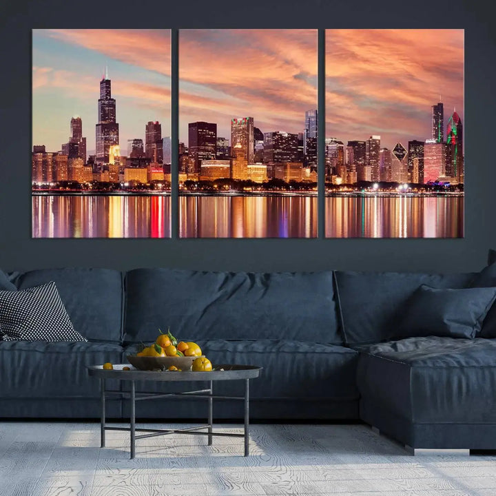 The Chicago Night Skyline Wall Art City Cityscape Canvas Picture Print features a vibrant city skyline at sunset and is gallery wrapped on museum-quality canvas, displayed on a dark wall.