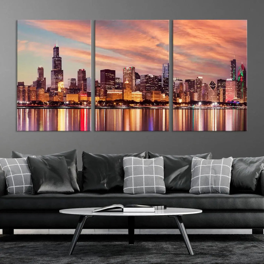 The Chicago Night Skyline Wall Art City Cityscape Canvas Picture Print features a vibrant city skyline at sunset and is gallery wrapped on museum-quality canvas, displayed on a dark wall.