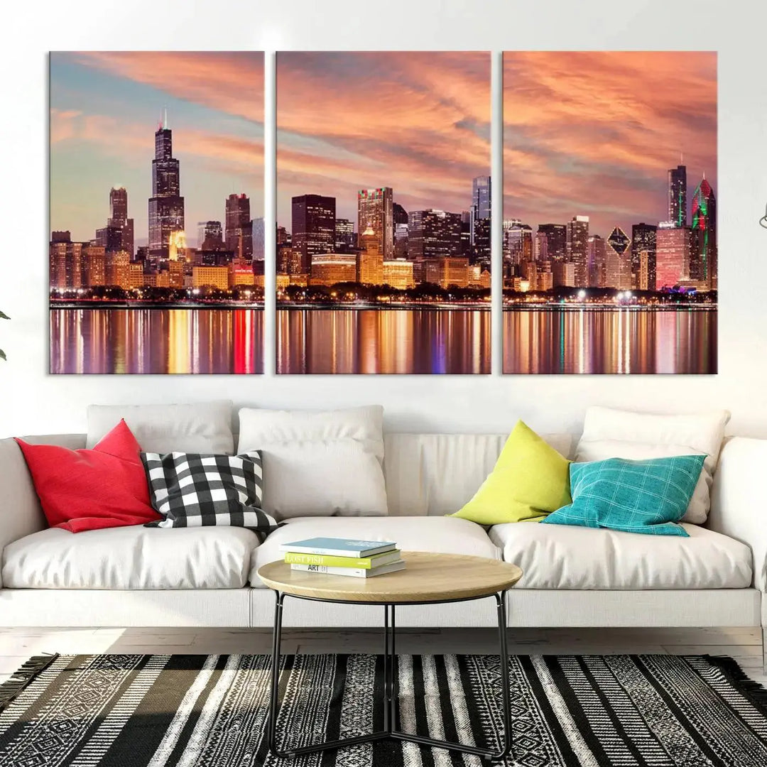 The Chicago Night Skyline Wall Art City Cityscape Canvas Picture Print features a vibrant city skyline at sunset and is gallery wrapped on museum-quality canvas, displayed on a dark wall.