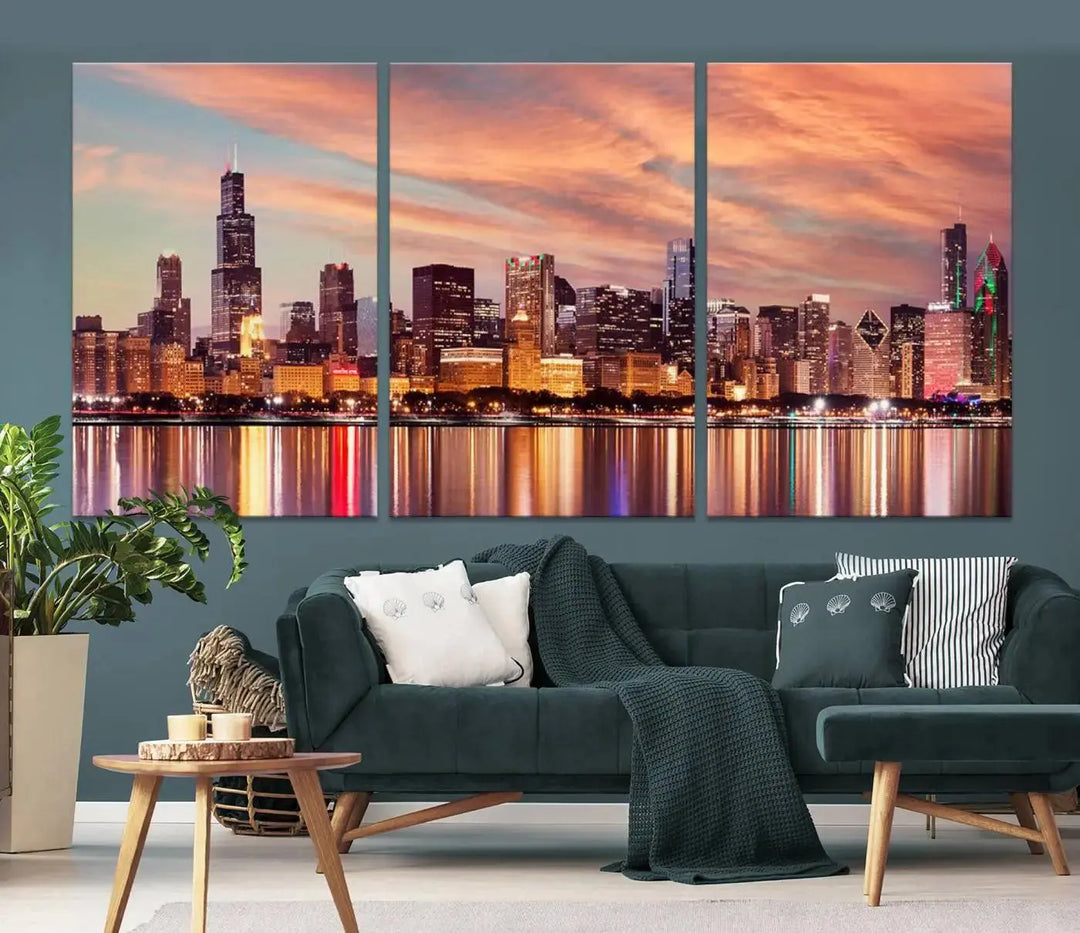 The Chicago Night Skyline Wall Art City Cityscape Canvas Picture Print features a vibrant city skyline at sunset and is gallery wrapped on museum-quality canvas, displayed on a dark wall.