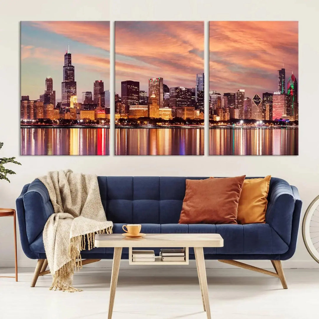 The Chicago Night Skyline Wall Art City Cityscape Canvas Picture Print features a vibrant city skyline at sunset and is gallery wrapped on museum-quality canvas, displayed on a dark wall.